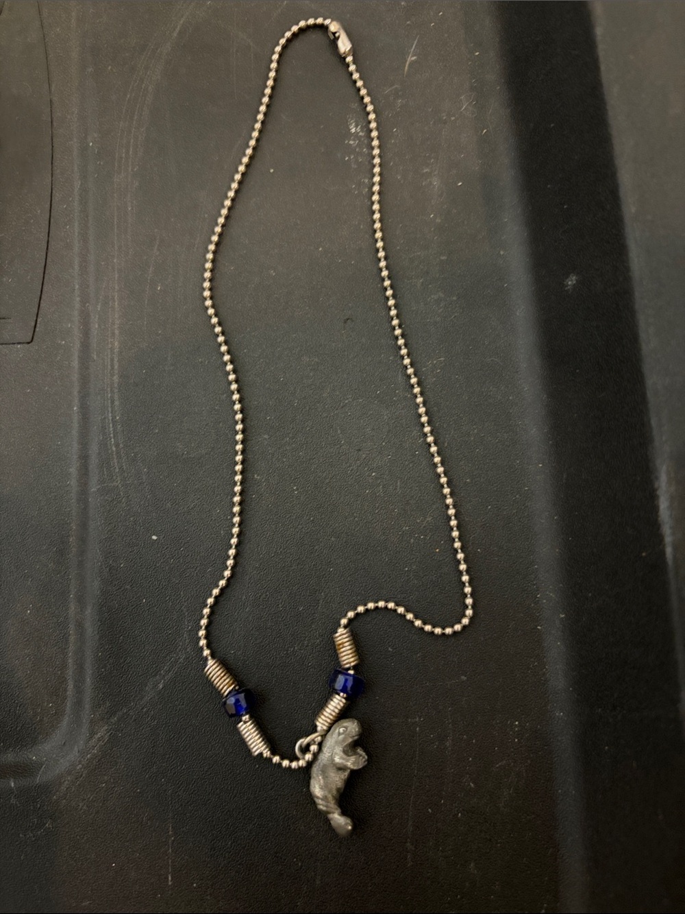 Silver Ball Chain Necklace with Manatee Charm and Blue Beads